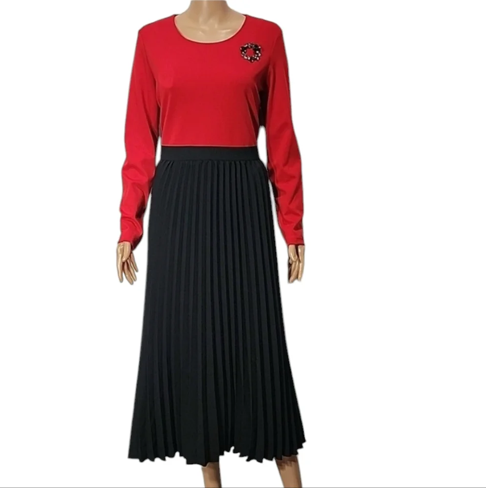 Leslie‎ Fay long Sleeve Pleated Midi Dress Red And Black Size 12 NWT